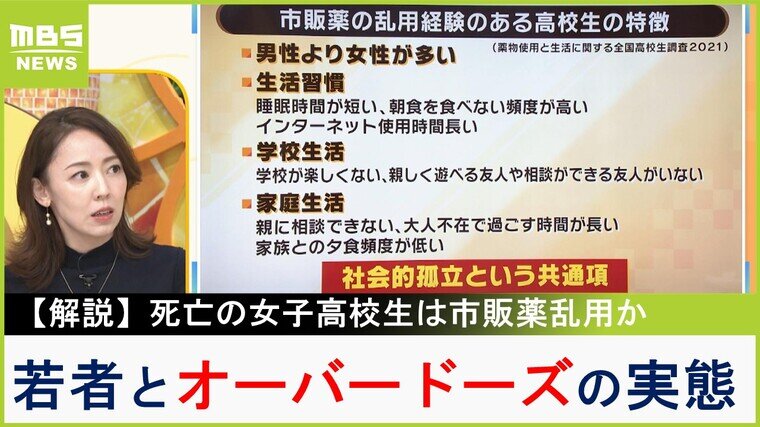 高校生６０人に１人が『市販薬を乱用目的で使用した経験』...共通項は学校や家庭での孤立　医師「つらさを免れたいと始めるケースが多い」【オーバードーズ】 | 特集 | MBSニュース