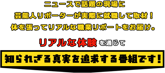 ニュースで話題の現場に芸能人リポーターが実際に就職して取材！体を張ってリアルな職業リポートをお届け。リアルな体験を通じて知られざる真実を追求する番組です！